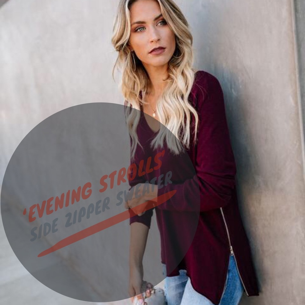 ‘Evening Strolls’ Side Zipper Sweater In Wine Red
